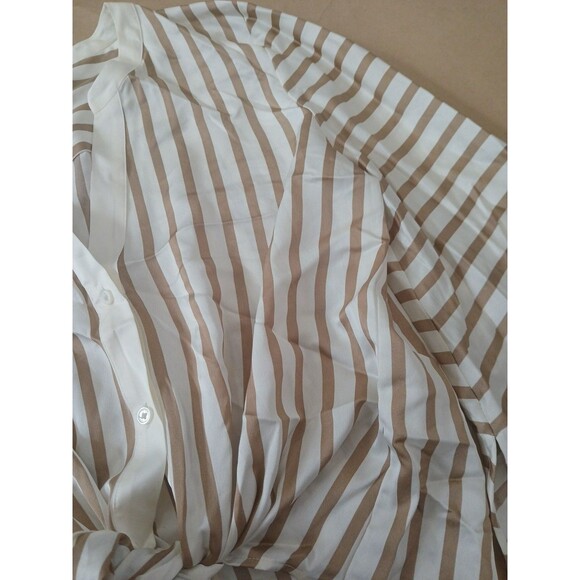 Halogen Shirt Top Blouse Womens M Beige Striped Bell Sleeve Cropped Classic - Picture 3 of 9